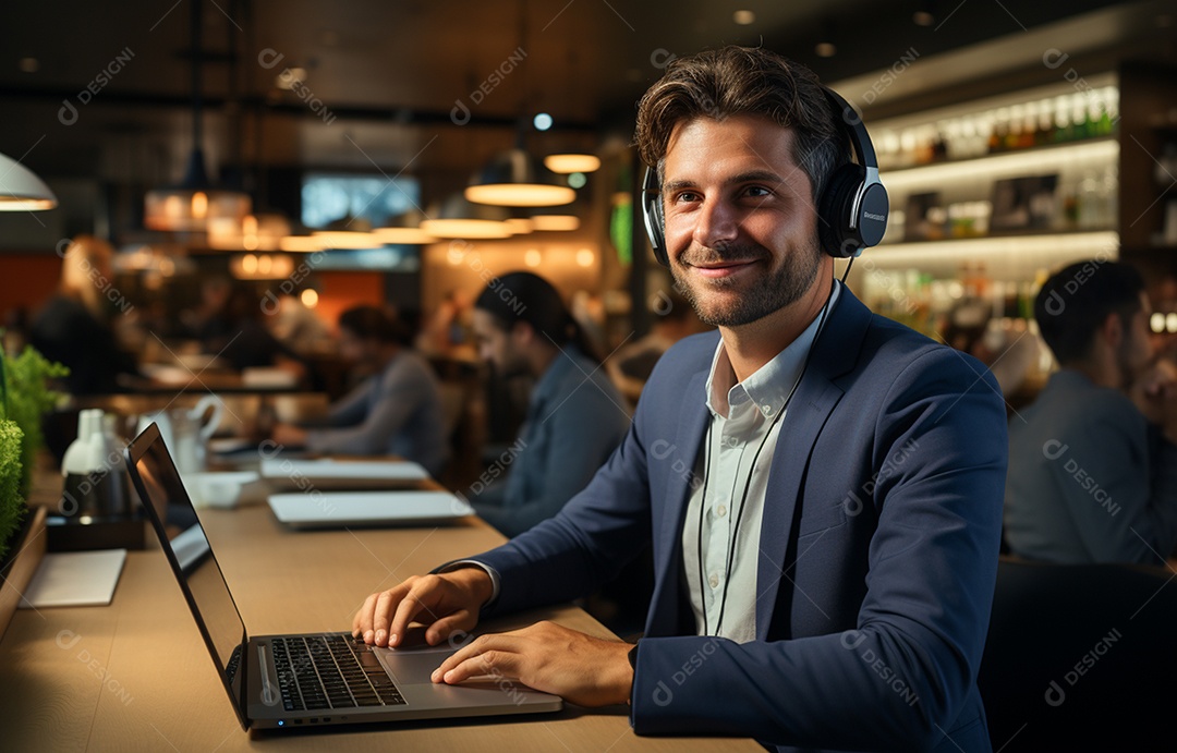 Representante de atendimento ao cliente masculino com terno, fone de ouvido na cabeça, computador, trabalhando, local de trabalho moderno, coworks em segundo plano