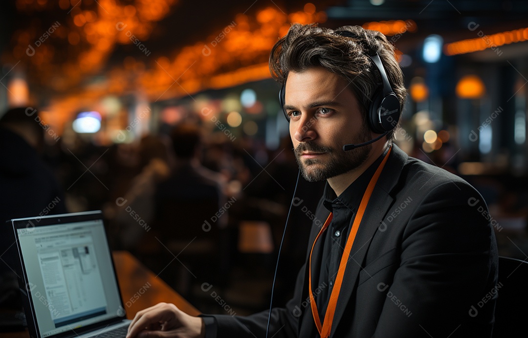 Representante de atendimento ao cliente masculino com terno, fone de ouvido na cabeça, computador, trabalhando, local de trabalho moderno, coworks em segundo plano