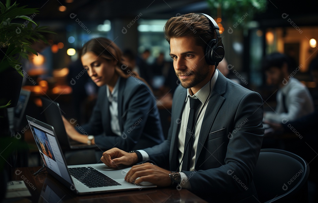 Representante de atendimento ao cliente masculino com terno, fone de ouvido na cabeça, computador, trabalhando, local de trabalho moderno, coworks em segundo plano