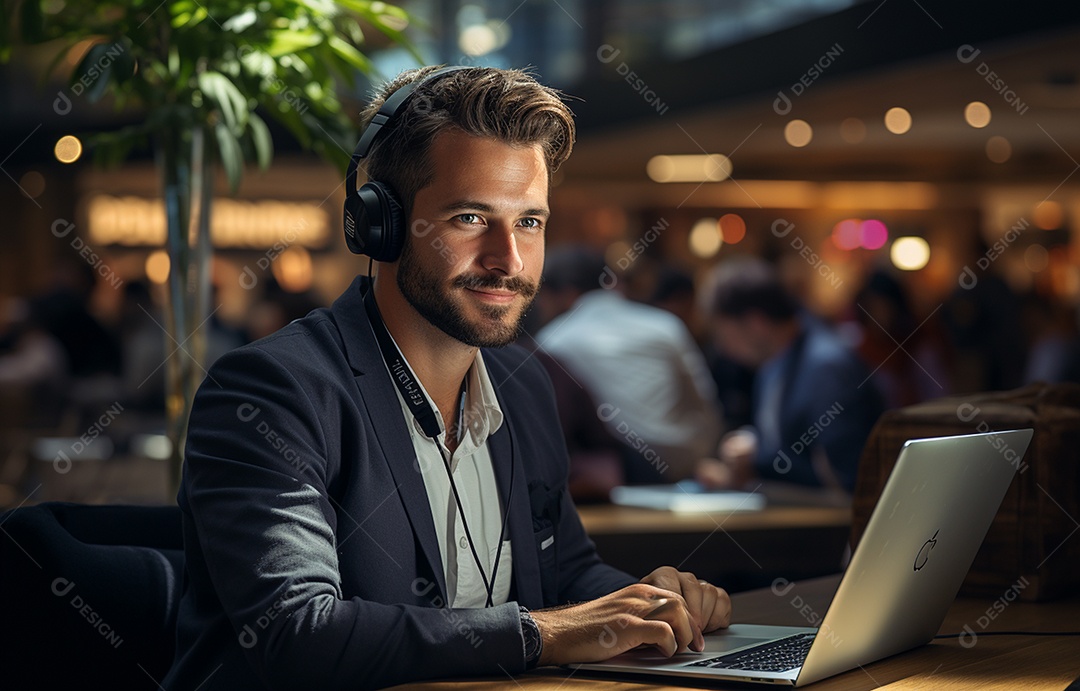 Representante de atendimento ao cliente masculino com terno, fone de ouvido na cabeça, computador, trabalhando, local de trabalho moderno, coworks em segundo plano