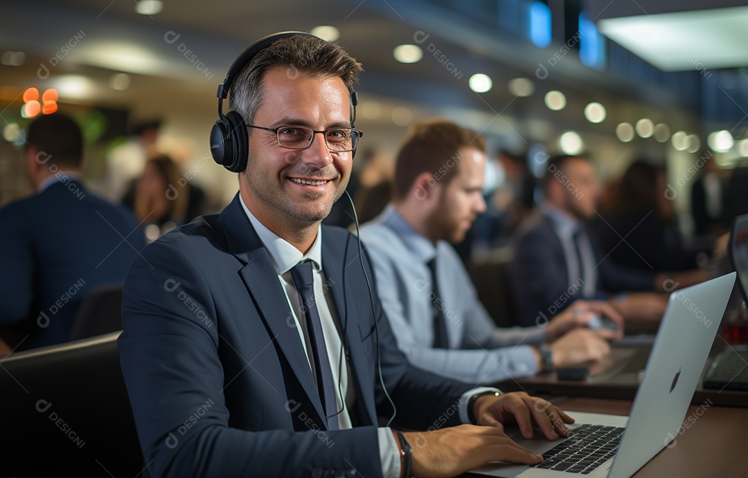 Representante de atendimento ao cliente masculino com terno, fone de ouvido na cabeça, computador, trabalhando, local de trabalho moderno, coworks em segundo plano