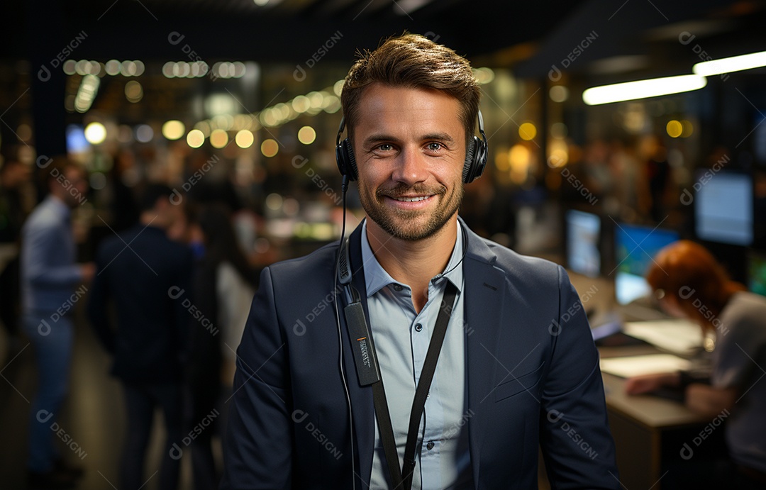 Representante de atendimento ao cliente masculino com terno, fone de ouvido na cabeça, computador, trabalhando, local de trabalho moderno, coworks em segundo plano