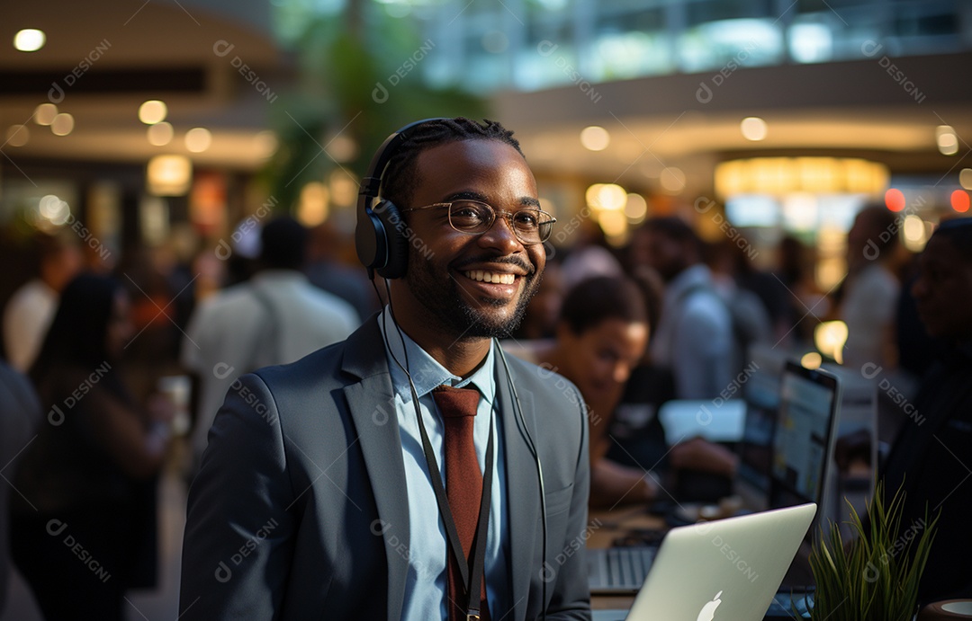 Representante de atendimento ao cliente masculino com terno, fone de ouvido na cabeça, computador, trabalhando, local de trabalho moderno, coworks em segundo plano