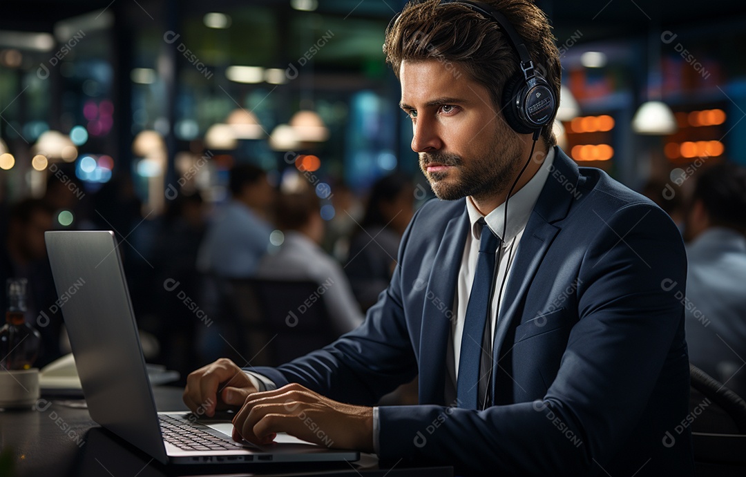 Representante de atendimento ao cliente masculino com terno, fone de ouvido na cabeça, computador, trabalhando, local de trabalho moderno, coworks em segundo plano