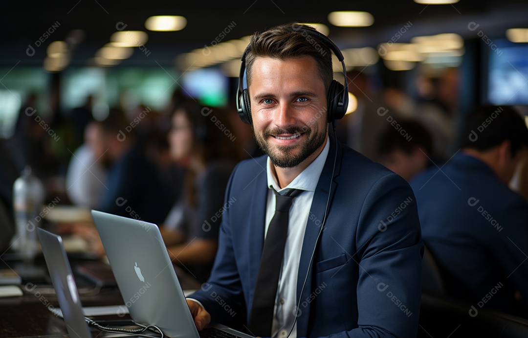 Representante de atendimento ao cliente masculino com terno, fone de ouvido na cabeça, computador, trabalhando, local de trabalho moderno, coworks em segundo plano