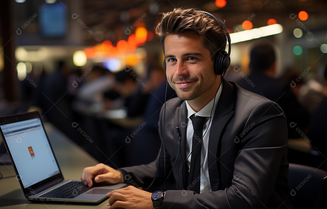 Representante de atendimento ao cliente masculino com terno, fone de ouvido na cabeça, computador, trabalhando, local de trabalho moderno, coworks em segundo plano
