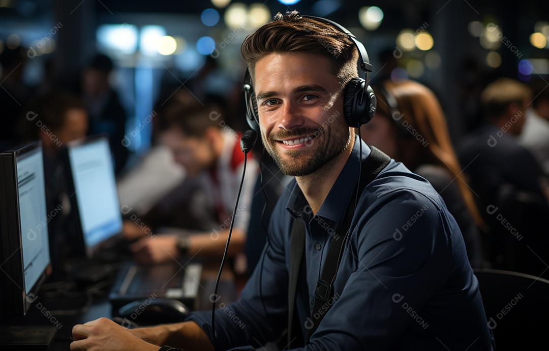 Representante de atendimento ao cliente masculino com terno, fone de ouvido na cabeça, computador, trabalhando, local de trabalho moderno, coworks em segundo plano