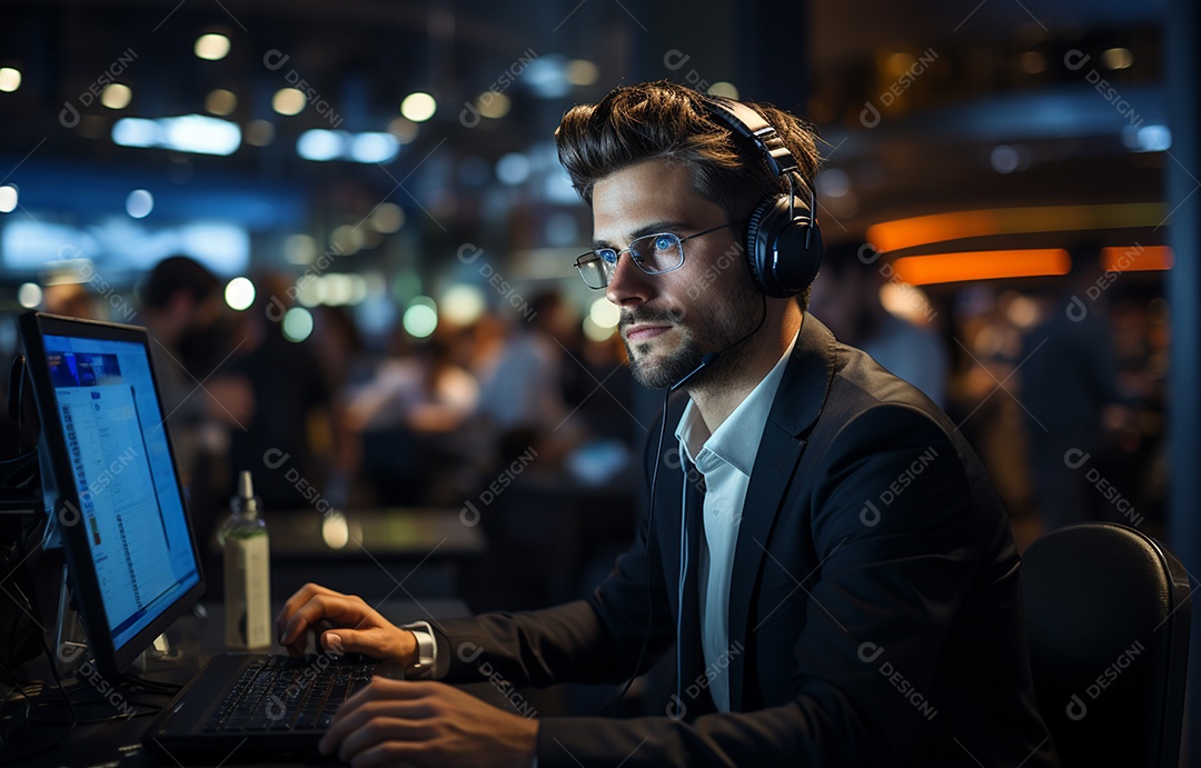 Representante de atendimento ao cliente masculino com terno, fone de ouvido na cabeça, computador, trabalhando, local de trabalho moderno, coworks em segundo plano