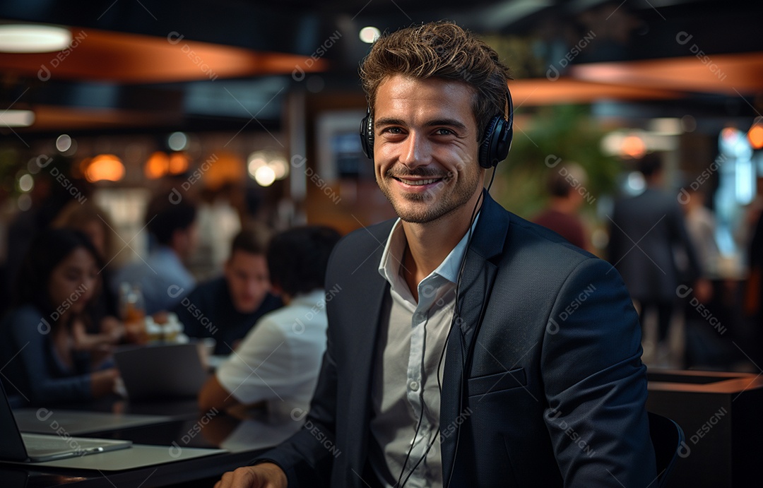 Representante de atendimento ao cliente masculino com terno, fone de ouvido na cabeça, computador, trabalhando, local de trabalho moderno, coworks em segundo plano