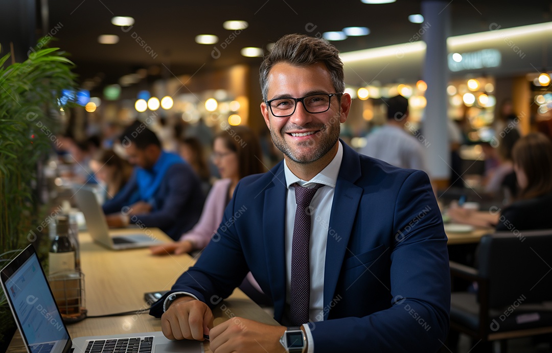 Representante de atendimento ao cliente masculino com terno, fone de ouvido na cabeça, computador, trabalhando, local de trabalho moderno, coworks em segundo plano