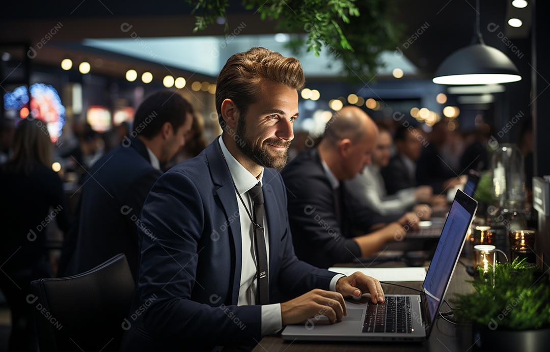 Representante de atendimento ao cliente masculino com terno, fone de ouvido na cabeça, computador, trabalhando, local de trabalho moderno, coworks em segundo plano