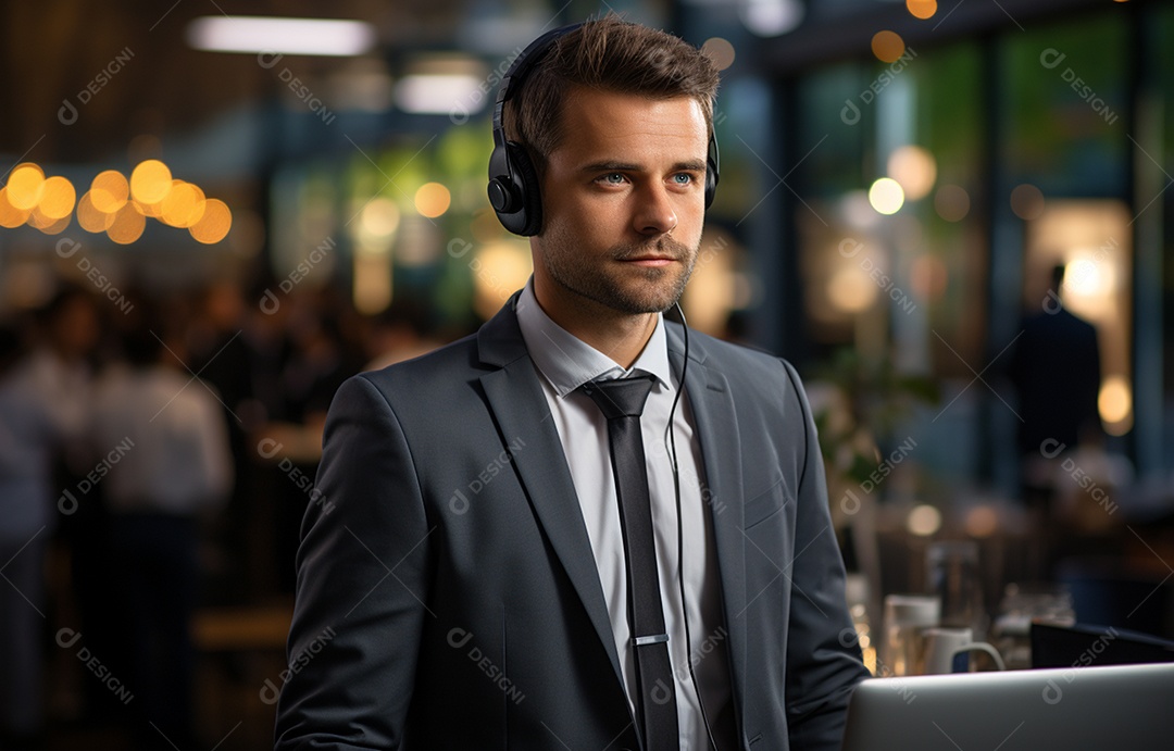 Representante de atendimento ao cliente masculino com terno, fone de ouvido na cabeça, computador, trabalhando, local de trabalho moderno, coworks em segundo plano