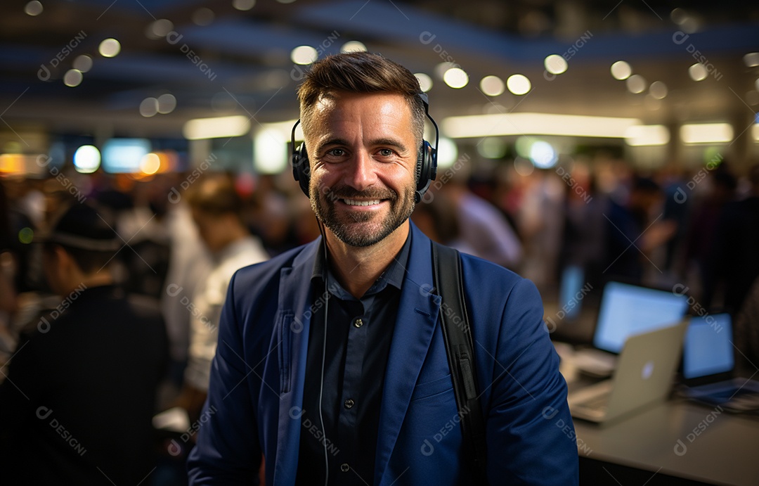 Representante de atendimento ao cliente masculino com terno, fone de ouvido na cabeça, computador, trabalhando, local de trabalho moderno, coworks em segundo plano