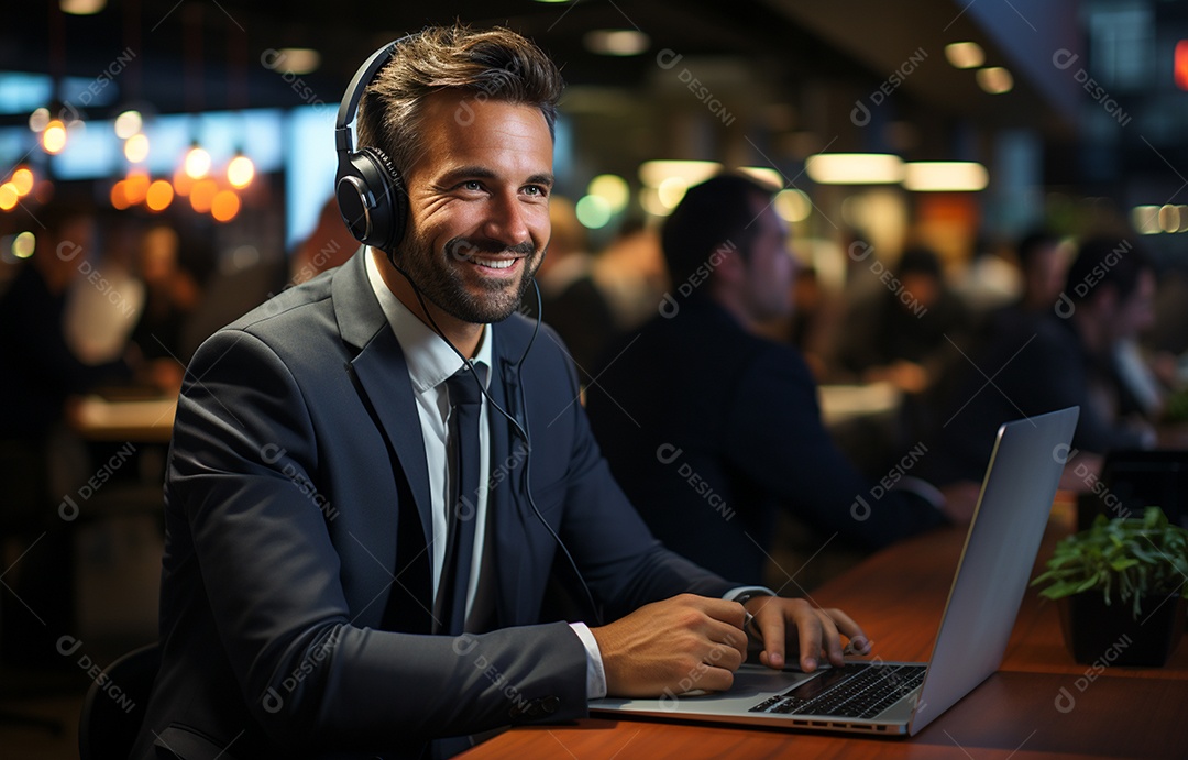Representante de atendimento ao cliente masculino com terno, fone de ouvido na cabeça, computador, trabalhando, local de trabalho moderno, coworks em segundo plano