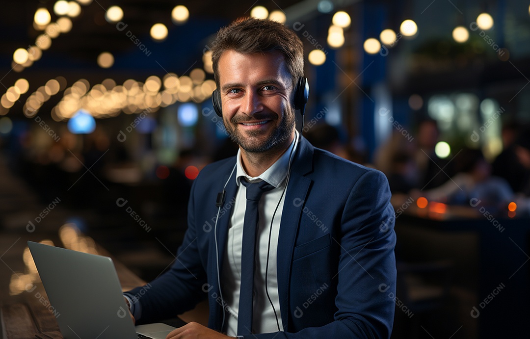 Representante de atendimento ao cliente masculino com terno, fone de ouvido na cabeça, computador, trabalhando, local de trabalho moderno, coworks em segundo plano