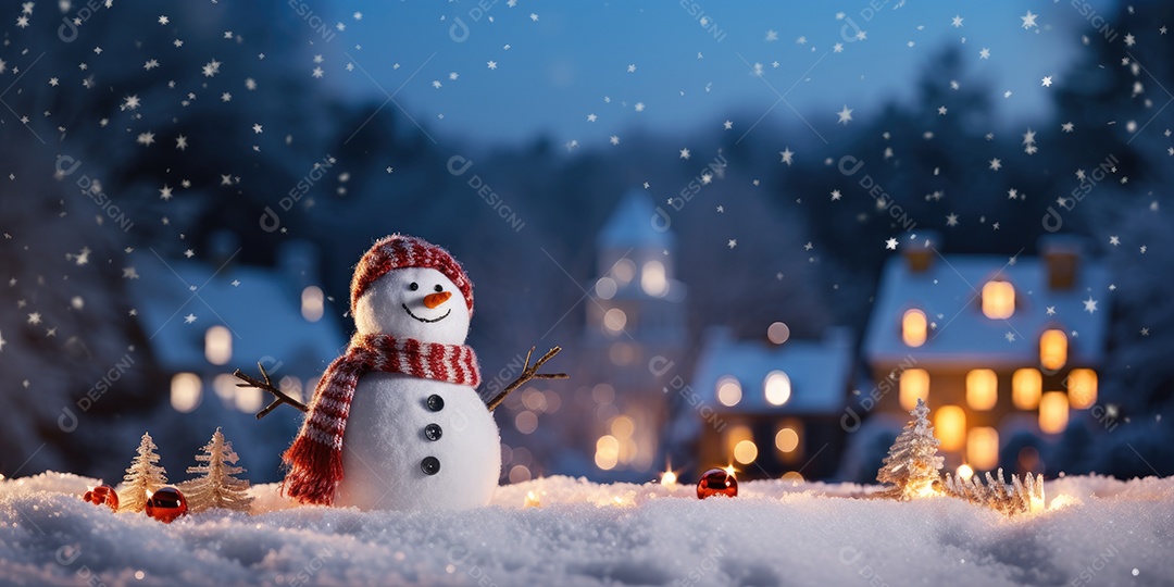 Um boneco de neve fofo e sorridente em fundo bokeh IA Generativa