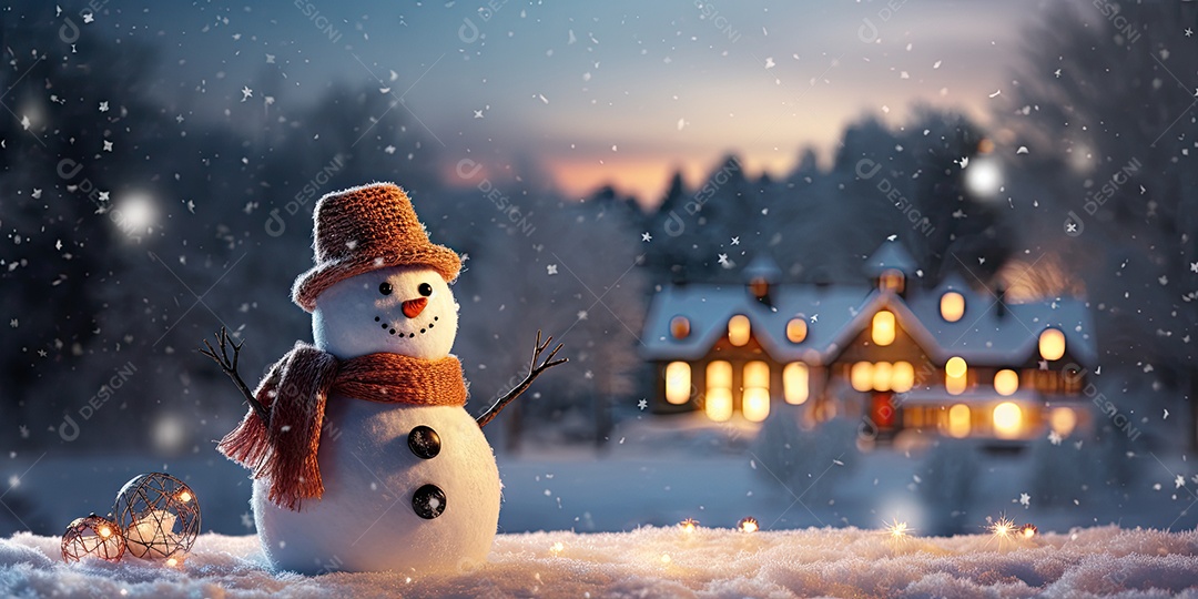Um boneco de neve fofo e sorridente em fundo bokeh IA Generativa