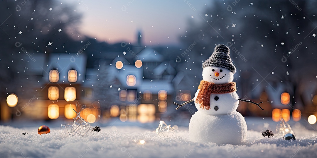 Um boneco de neve fofo e sorridente em fundo bokeh IA Generativa