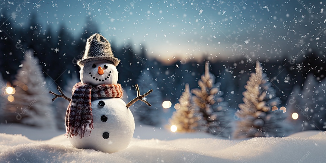 Um boneco de neve fofo e sorridente em fundo bokeh IA Generativa