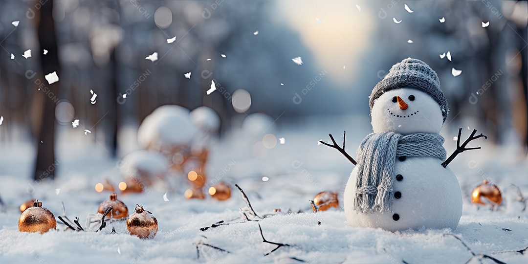 Um boneco de neve fofo e sorridente em fundo bokeh IA Generativa