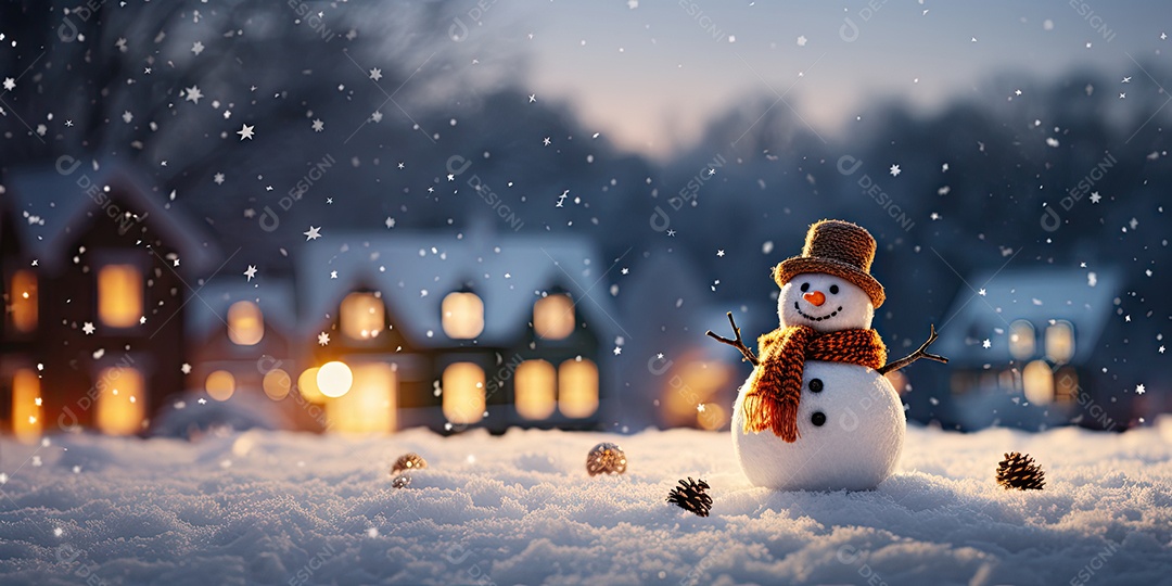 Um boneco de neve fofo e sorridente em fundo bokeh IA Generativa