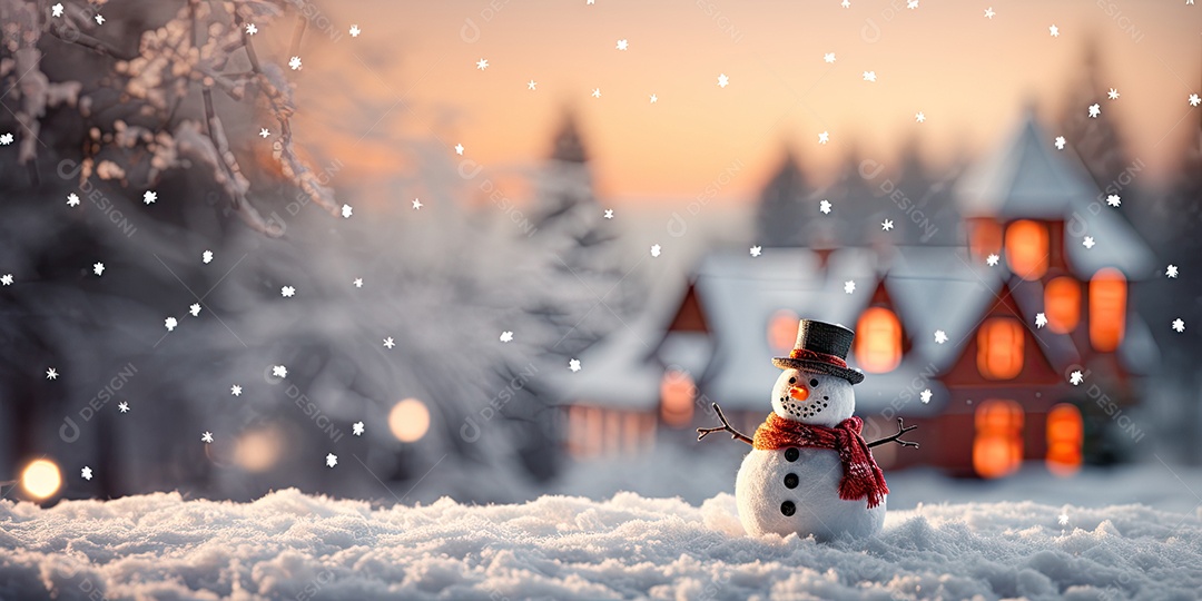 Um boneco de neve fofo e sorridente em fundo bokeh IA Generativa