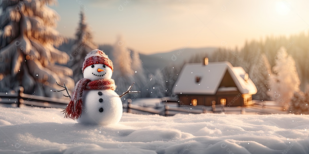 Um boneco de neve fofo e sorridente em fundo bokeh IA Generativa