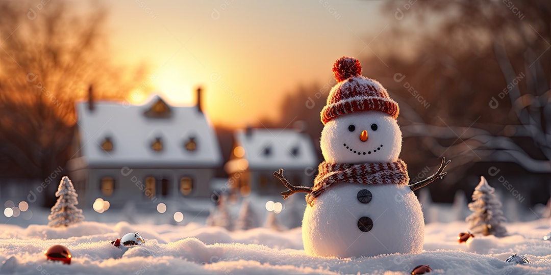 Um boneco de neve fofo e sorridente em fundo bokeh IA Generativa