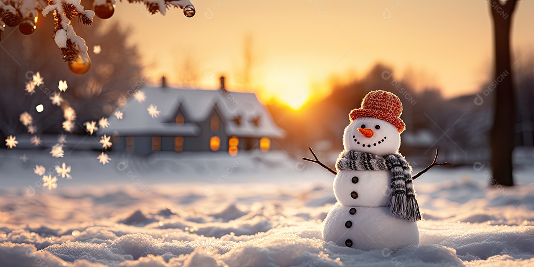 Um boneco de neve fofo e sorridente em fundo bokeh IA Generativa