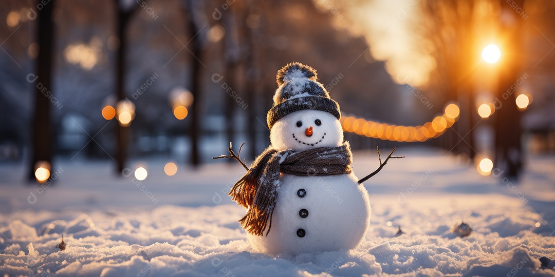 Um boneco de neve fofo e sorridente em fundo bokeh IA Generativa