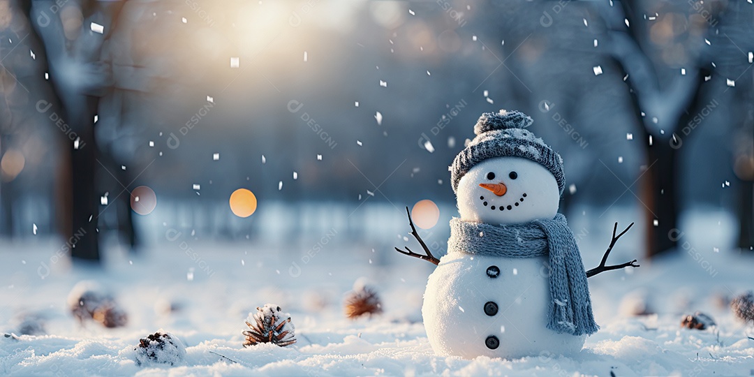 Um boneco de neve fofo e sorridente em fundo bokeh IA Generativa
