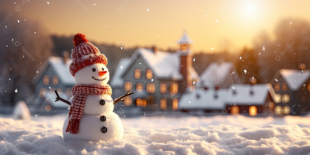 Um boneco de neve fofo e sorridente em fundo bokeh IA Generativa