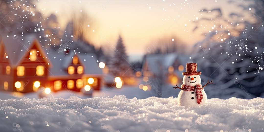 Um boneco de neve fofo e sorridente em fundo bokeh IA Generativa