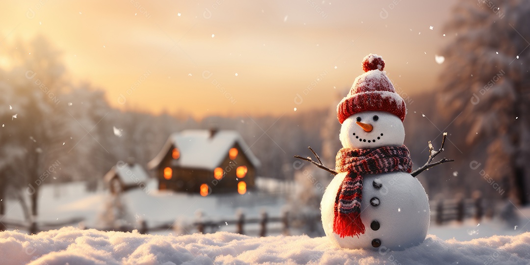 Um boneco de neve fofo e sorridente em fundo bokeh IA Generativa