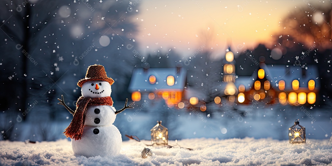 Um boneco de neve fofo e sorridente em fundo bokeh IA Generativa