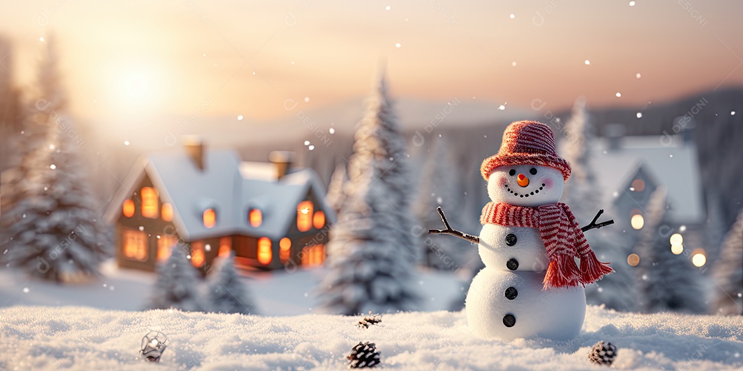 Um boneco de neve fofo e sorridente em fundo bokeh IA Generativa