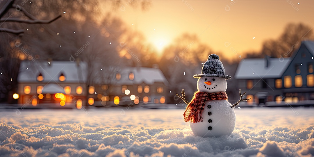 Um boneco de neve fofo e sorridente em fundo bokeh IA Generativa