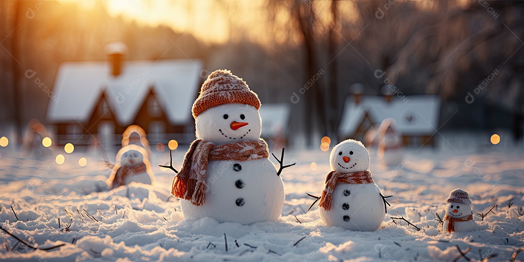 Um boneco de neve fofo e sorridente em fundo bokeh IA Generativa