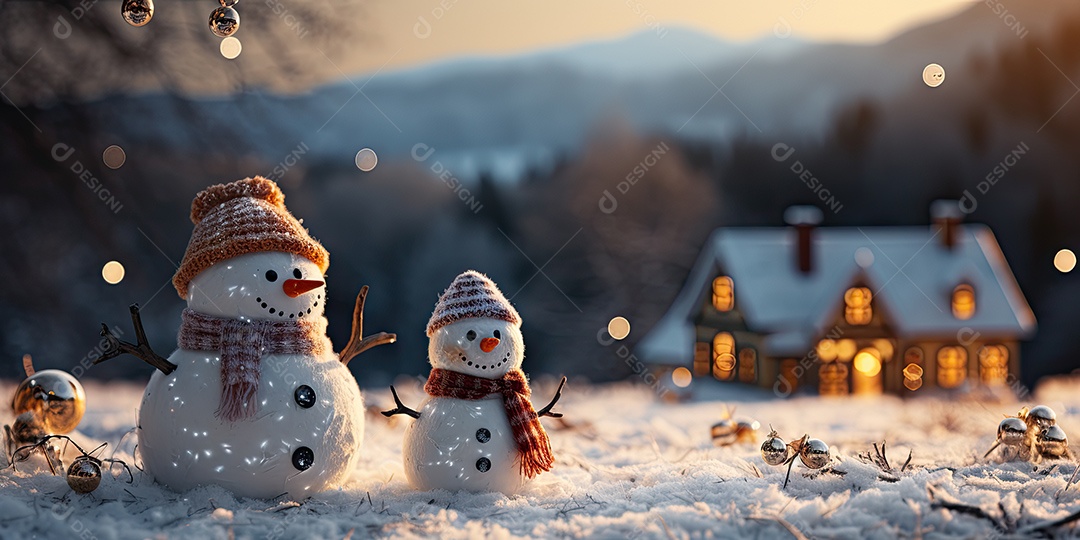 Um boneco de neve fofo e sorridente em fundo bokeh IA Generativa