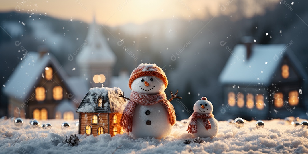 Um boneco de neve fofo e sorridente em fundo bokeh IA Generativa