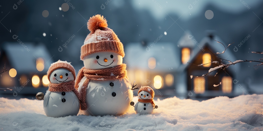 Um boneco de neve fofo e sorridente em fundo bokeh IA Generativa