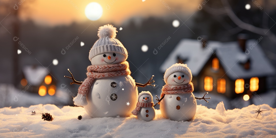 Um boneco de neve fofo e sorridente em fundo bokeh IA Generativa