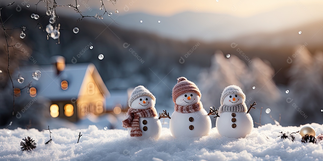 Um boneco de neve fofo e sorridente em fundo bokeh IA Generativa