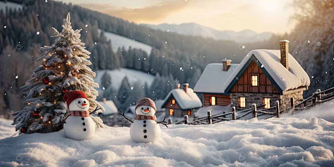 Bonecos de neve fofo e sorridente em fundo bokeh IA Generativa