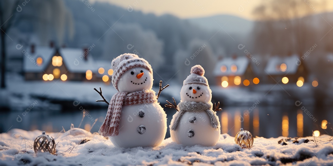 Bonecos de neve fofo e sorridente em fundo bokeh IA Generativa