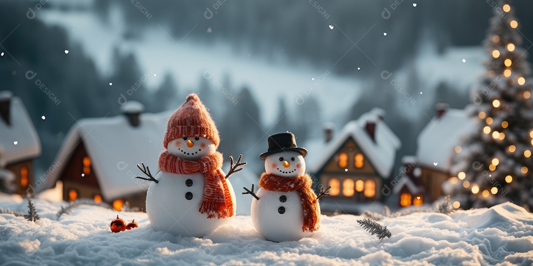 Bonecos de neve fofo e sorridente em fundo bokeh IA Generativa