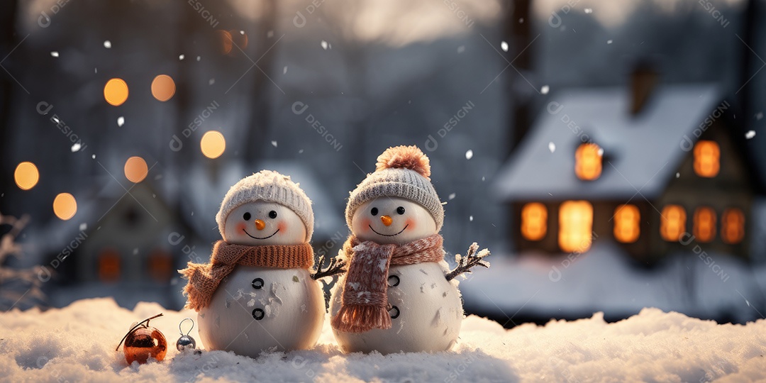 Bonecos de neve fofo e sorridente em fundo bokeh IA Generativa