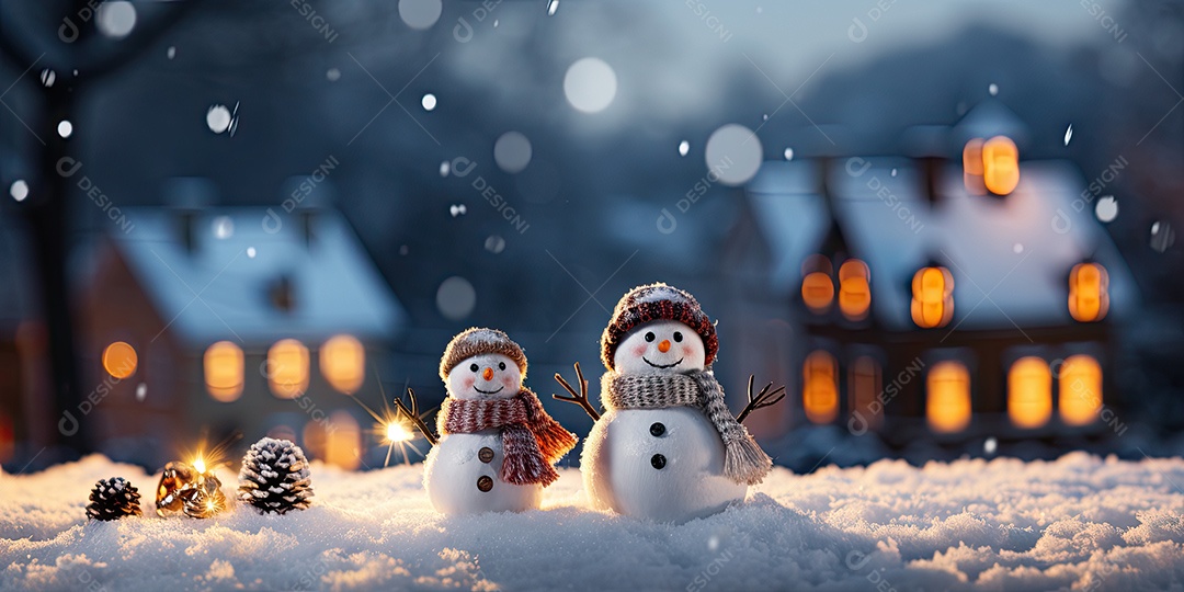 Bonecos de neve fofo e sorridente em fundo bokeh IA Generativa