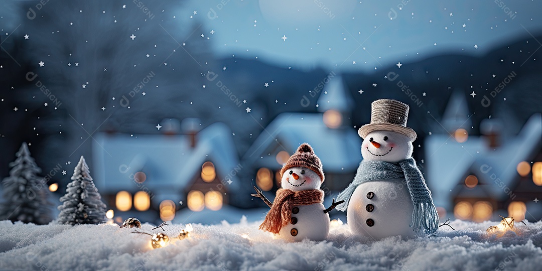 Bonecos de neve fofo e sorridente em fundo bokeh IA Generativa