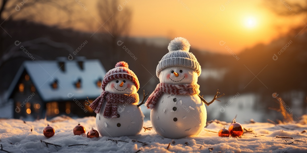 Bonecos de neve fofo e sorridente em fundo bokeh IA Generativa